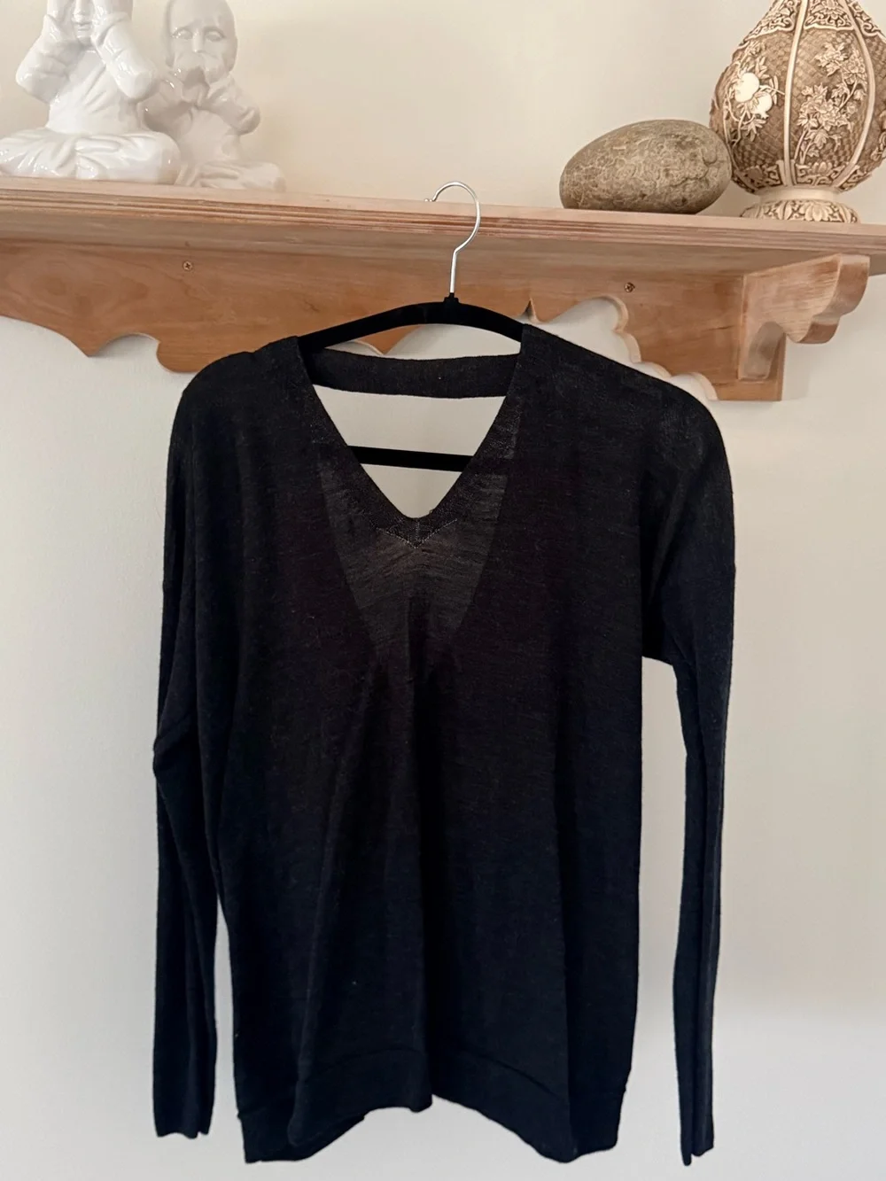 All Saints Black Long Sleeve V-Neck Top with open draped back